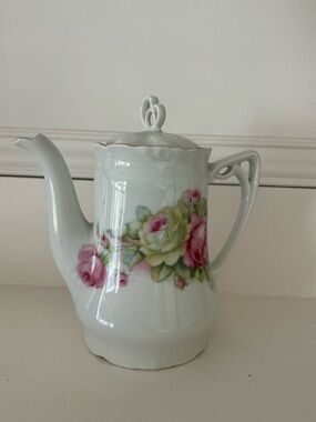 Vintage White Floral Porcelain Teapot with Pink and Green Rose Motif